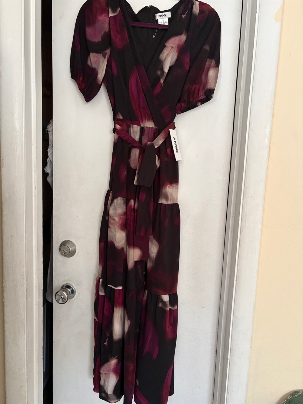 DKNY Black Floral Wrap Maxi Dress with Plum and Cream Accents, size 4.